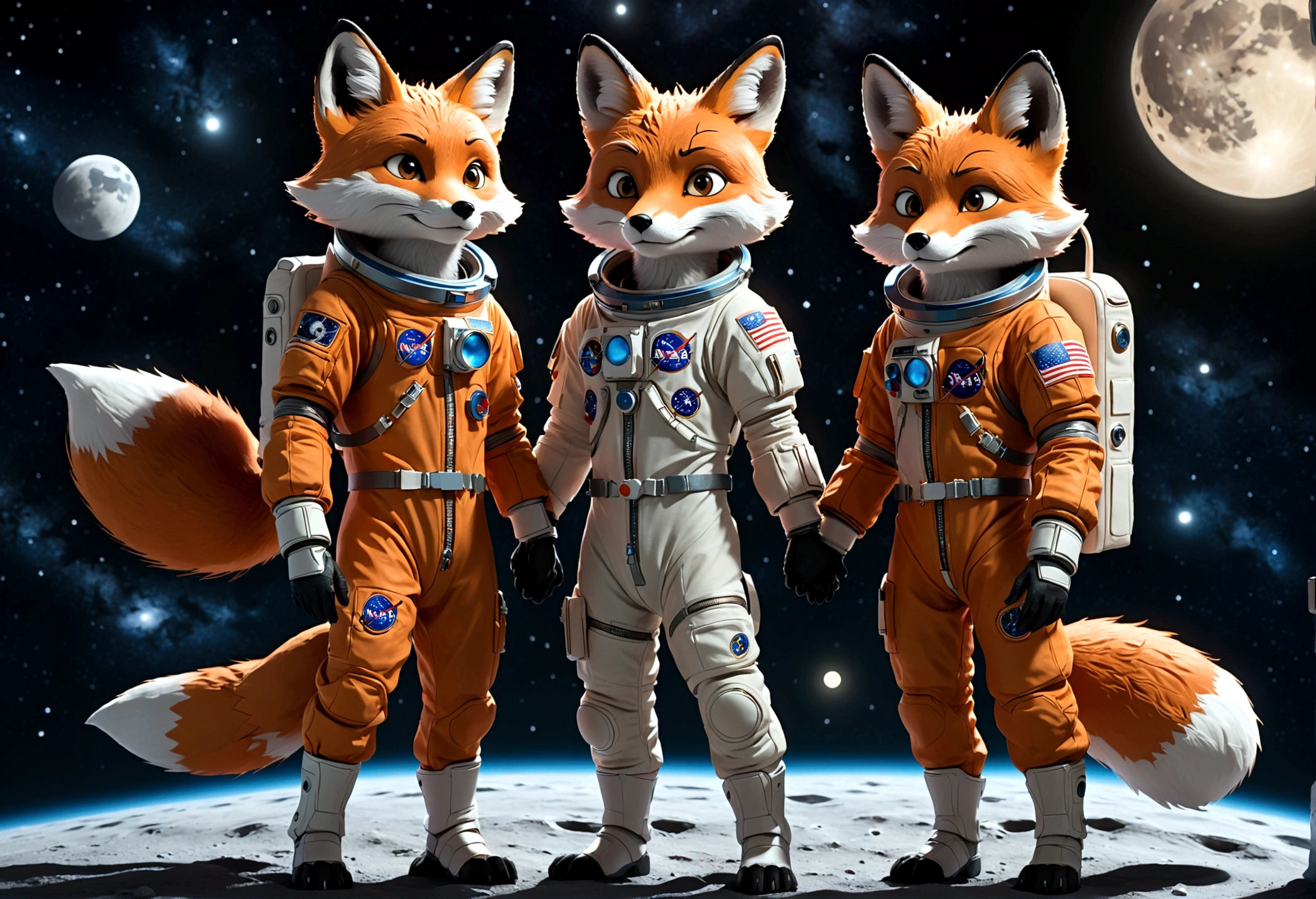 two humanoid foxes, Astronaut outfit, full body, galaxy moon style, light and shadow, stand facing each other