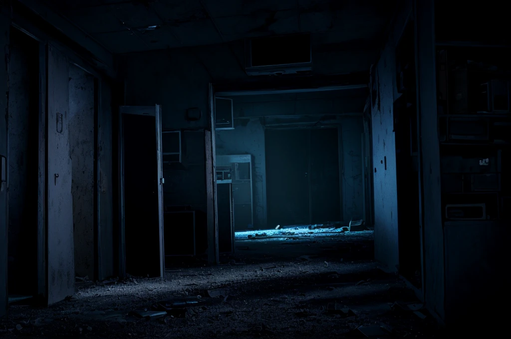 please draw an abandoned, nighttime setting. a security room with 8 monitors/TV's, a door opening (without door) on the left and another on the right. Some old stuffed animals lying around and no person in the scene. too dark. camera look to monitors