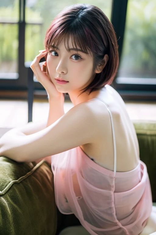20yo woman, (masterpiece: 1.4), (8K, reality, original photo, best quality: 1.4), Japan, (1 girl), beautiful face, (Real faces: 1.4), (pink hair, short hair: 1.3), hairstyle, Realistic blue eyes, beautiful details eyes, (reality skin: 1.3), beautiful skin, Attractive, ultra high resolution, Super realistic, HD, golden ratio, (Detailed face: 1.4), (Japanese actor: estuary), Sheer vest,Pink short hair,Whitetransparent,White,NSFW,big,big emphasis,The nipeola isly shaped,looking into camera,Sitting on the sofa,pubic shape is transparent and clear,posture(Bend your knees and legs open)