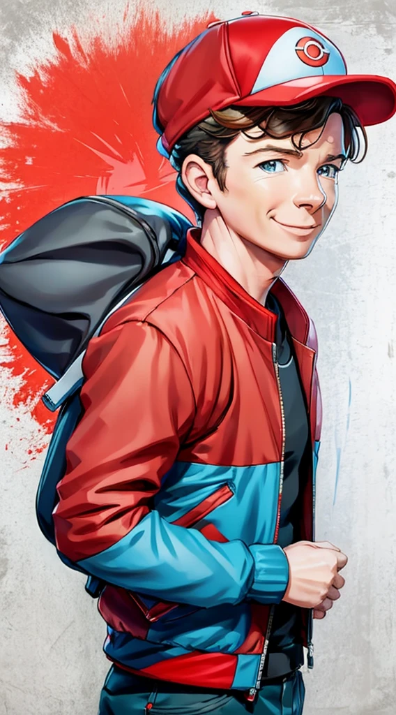 rick astley as a pokemon trainer, wearing red jacket, a cap and a pokemon backpack, happy, pokemon anime style, 8k