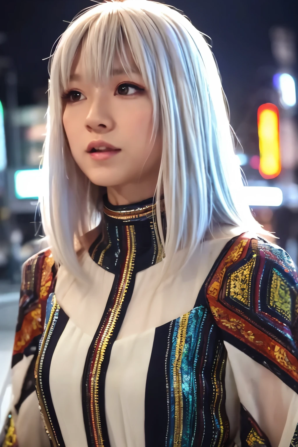 Masterpiece, high quality, high resolution, 8K, (solo:1.2), ((1girl)), Japanese woman, detailed face, detailed eyes, correct body structure, upper body, ((White hair:1.2)), very long hair, messy hair, slender body, seductive silhouette, luminous bones, depth of field, dark photo at nighttime, dimly lit, bangs, Cinematic Lighting, Tyndall effect, abstract background, futuristic outfits, vibrant colors, modern style, wide sleeves, artistic, unique patterns, colorful, stylish, trendy