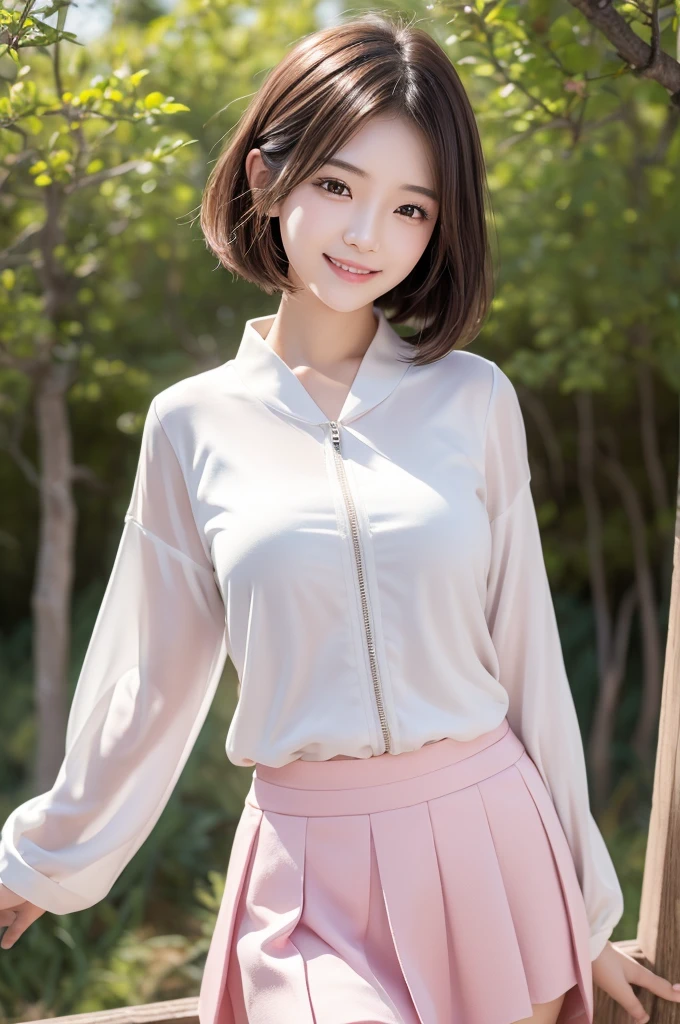 Image resolution 8K、masterpiece:1.3)、Beauty、1 female、(魅力的なbody:1.2)、abdomen:1.1、Dark Brown Hair:1.1、(body:1.2)、Ultra-detailed face、Attractive lips、double eyelid、Super realistic and detailed super cute in a white short sleeved zippered sailor suit and pink skirt、Japanese 、Japanese women、10th generation(18-year-old)、Smiling with a nice smile、Hair fluttering in the wind、Short Hairstyle、Beautiful breasts、Forest in the background、