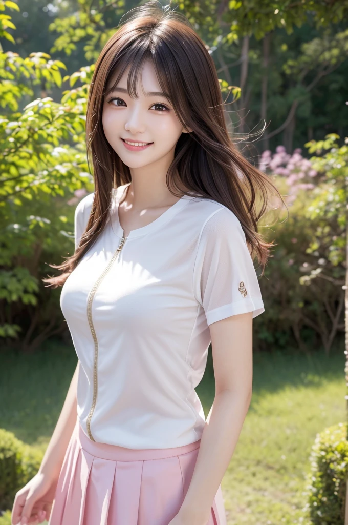 Image resolution 8K、masterpiece:1.3)、Beauty、1 female、(魅力的なbody:1.2)、abdomen:1.1、Dark Brown Hair:1.1、(body:1.2)、Ultra-detailed face、Attractive lips、double eyelid、Super realistic and detailed super cute in a white short sleeved zippered sailor suit and pink skirt、Japanese 、Japanese women、10th generation(18-year-old)、Smiling with a nice smile、Hair fluttering in the wind、Short Hairstyle、Beautiful breasts、Forest in the background、