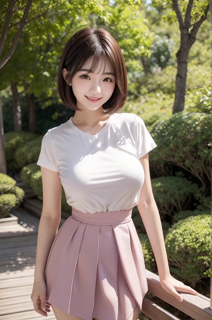 Image resolution 8K、masterpiece:1.3)、Beauty、1 female、(魅力的なbody:1.2)、abdomen:1.1、Dark Brown Hair:1.1、(body:1.2)、Ultra-detailed face、Attractive lips、double eyelid、Super realistic and detailed super cute in a white short sleeved zippered sailor suit and pink skirt、Japanese 、Japanese women、10th generation(18-year-old)、Smiling with a nice smile、Hair fluttering in the wind、Short Hairstyle、Beautiful breasts、Forest in the background、