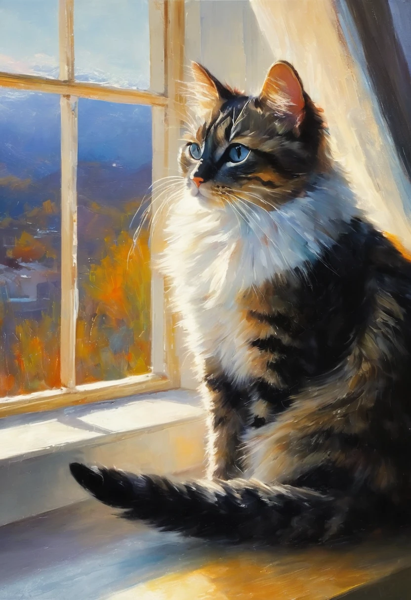 An oil painting，Cat sitting on the windowsill watching the sunrise