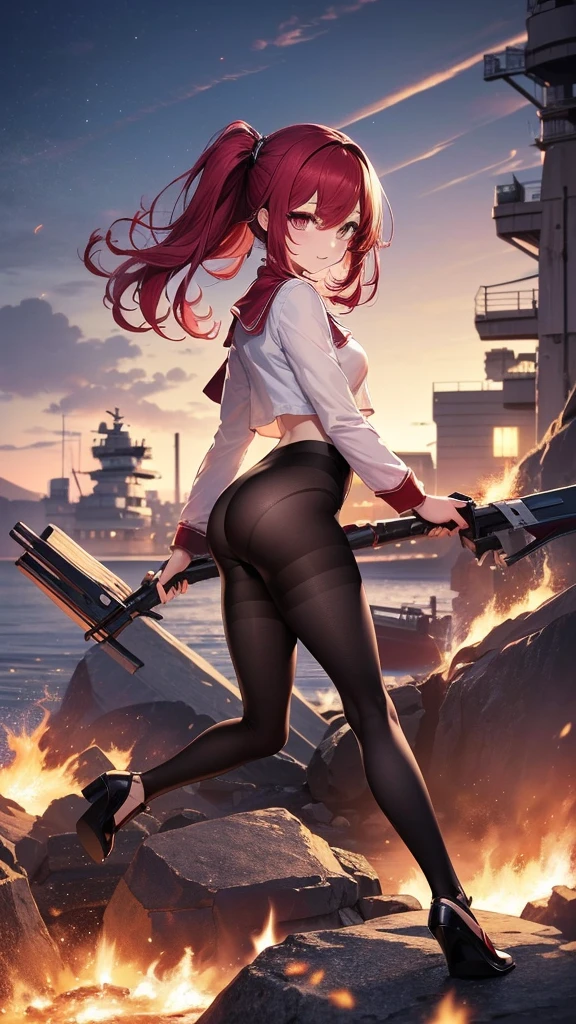 Background: jet black sea, battleship girl, girl, rubble of battleship, black and golden eyes, grey skin, evil smile、(((Black tights)))、Medium breast、(((Brat)))、(戦艦skylark擬人化)(((skylark)) (Perfect hands, Perfect Anatomy),, Anime Girls, best anime 4k, wallpaper, Detailed digital anime art, Detailed anime artワーク, アニメアートwallpaper 4k, アニメアートwallpaper 4k, Detailed anime art, アニメwallpaper 4k, アニメwallpaper 4k, アニメアートwallpaper 8K, 4k アニメwallpaper, 8k high quality detailed art