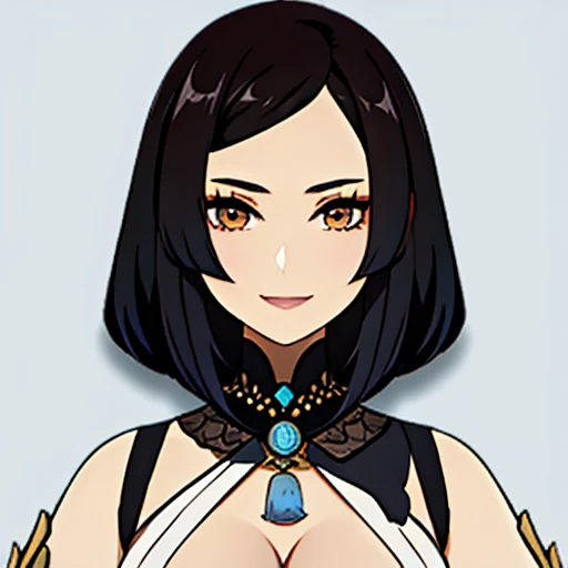 [a beautiful mature woman with a seductive smile and parted lips against a white background. She has sharp eyelashes, eyes browns, and long black hair with bangs. His figure is voluptuous, with a narrow waist, Broad Hips, and huge breasts. The image has a style inspired by Genshin impact, rendered in high detail and HDR quality as a stunning work of art.] Full HD 