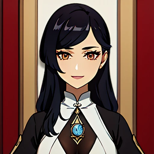 [a beautiful mature woman with a seductive smile and parted lips against a white background. She has sharp eyelashes, eyes browns, and long black hair with bangs. His figure is voluptuous, with a narrow waist, Broad Hips, and huge breasts. The image has a style inspired by Genshin impact, rendered in high detail and HDR quality as a stunning work of art.] Full HD 