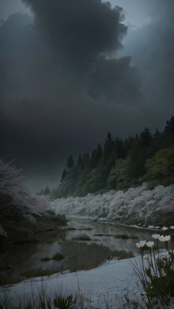 masterpiece of materpieces, PHOTOREALITIC, DENSE MIST. Smokey skies cast eerie light in the Anthropocene on a lake surrounded by cherry blossom trees, snow falling, pink dandelions covered in snow in enchanted forest, heavy mist and fog over the lake, fairy tale vibes, petals floating, dreamy looking, Sun burning like fire. Stars on the sky. Field filled with white flowers. PHOTOREALISTIC and cinematic. Nikon Z9