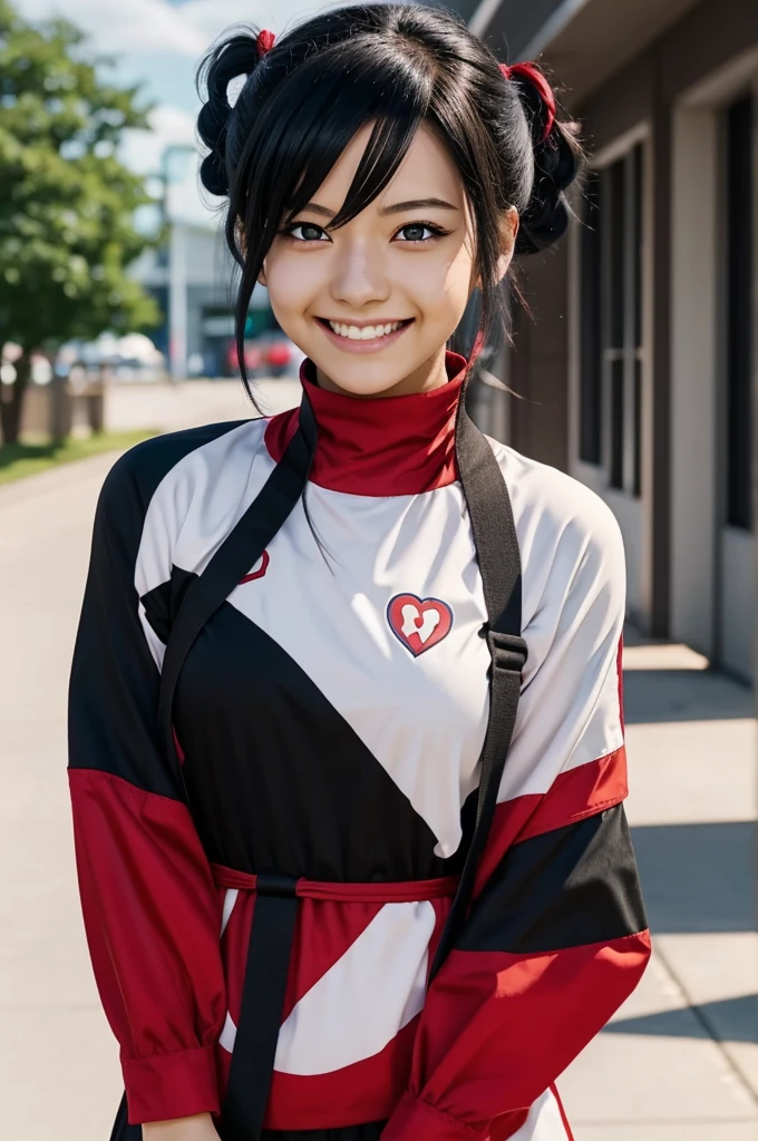 Screenshot of my hero academia.
Black-haired girl with hair up, Red eyes, with red highlights, and smiling 