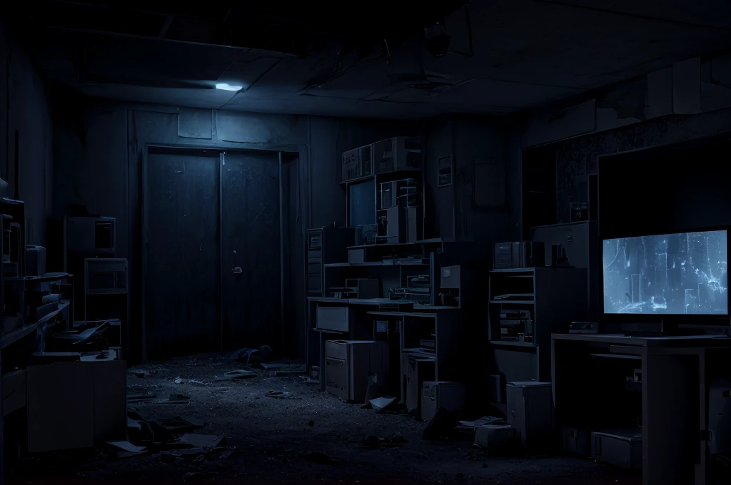 please draw an abandoned, nighttime setting. a security room with 8 monitors/TV's, a door opening (without door) on the left and another on the right. Some old stuffed animals lying around and no person in the scene. too dark. camera look to monitors