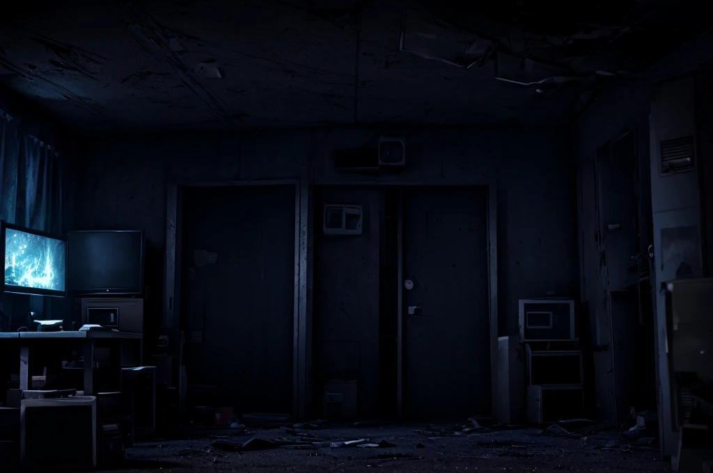 please draw an abandoned, nighttime setting. a security room with 8 monitors/TV's, a door opening (without door) on the left and another on the right. Some old stuffed animals lying around and no person in the scene. too dark. camera look to monitors