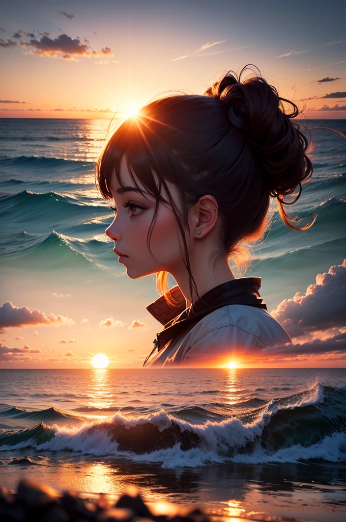 Vivid sunrise over the calm sea, Double exposure, female profile, Contrast between bright sky and deep blue sea illuminated by the golden light of the sun