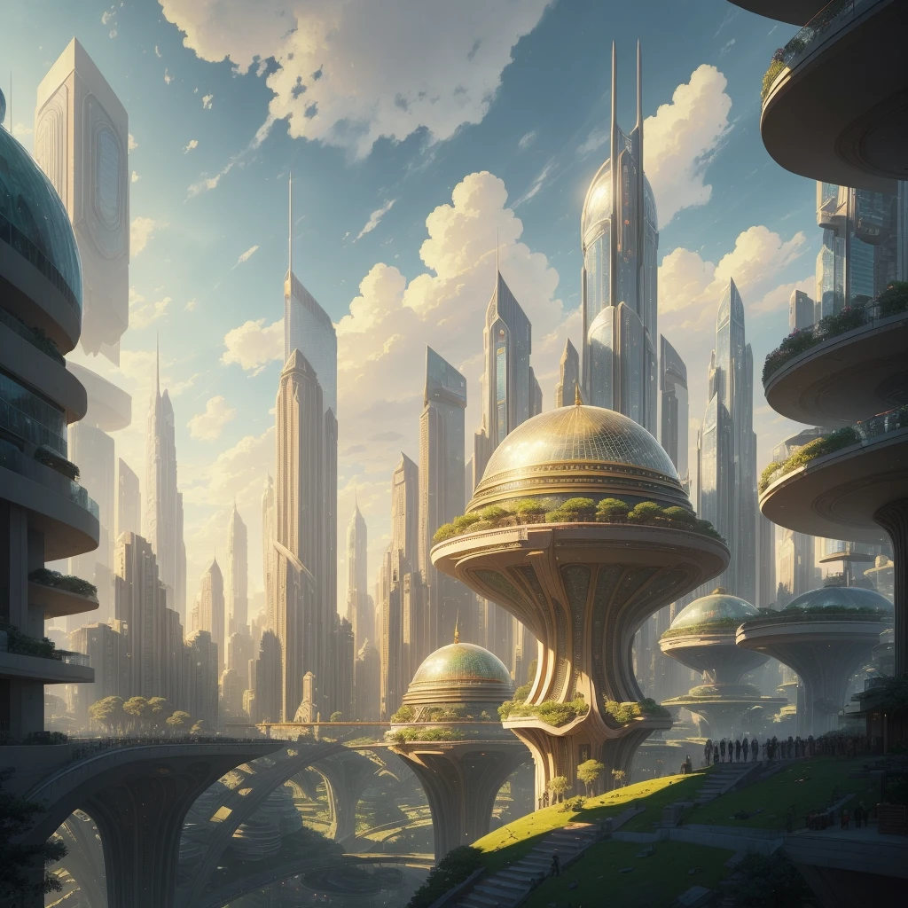 A photorealistic scene featuring a futuristic city with a massive, transparent dome encapsulating lush greenery and advanced architecture. The cityscape is a blend of sleek skyscrapers, interconnected by elevated roads and bridges. The dome stands out with its reflective surface, capturing the sunlight and the surrounding urban environment. ((High details:1.5)), ((best quality:1.6)), ((masterpiece:1.6)). BREAK
**City Details:**
- **Appearance:** The city is a marvel of futuristic engineering, with tall, sleek buildings and a massive transparent dome. The architecture combines elements of nature and technology, showcasing a harmonious blend of green spaces and advanced structures.
- **Dome:** The transparent dome is a focal point, encapsulating lush greenery and sophisticated architectural elements. The dome's surface reflects the sunlight, creating a dazzling effect.
- **Roads and Bridges:** Elevated roads and bridges connect various parts of the city, adding a dynamic and interconnected feel.
**Setting:**
- **Background:** A sprawling futuristic city with tall skyscrapers and advanced infrastructure. The surrounding landscape features mountains and clouds, adding depth to the scene.
- **Atmosphere:** The ambiance is vibrant and bustling, with a sense of technological advancement and environmental harmony. The sunlight illuminates the city, creating a bright and optimistic atmosphere.
**Background Elements:**
- **Skyscrapers:** Tall, sleek buildings with reflective surfaces, showcasing the city's advanced architecture.
- **Greenery:** Lush green spaces within and around the dome, emphasizing the city's commitment to environmental sustainability.
- **Mountains and Clouds:** Distant mountains and clouds add depth and a sense of grandeur to the scene.
**Artistic Inspiration:**
- **Syd Mead:** For futuristic and imaginative design aesthetics.
- **Jean "Moebius" Giraud:** For creating otherworldly and contemplative scenes.
- **James Gurney:** For blending realism