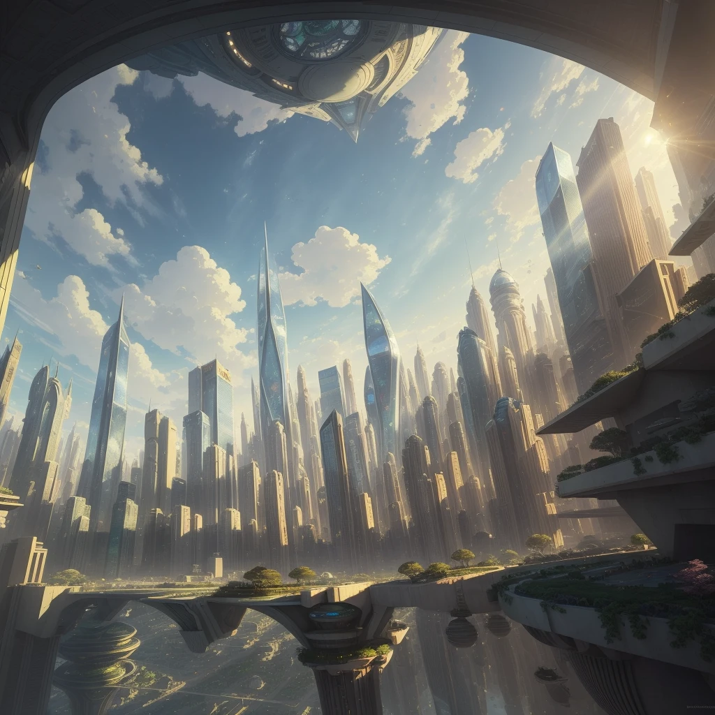 A photorealistic scene featuring a futuristic city with a massive, transparent dome encapsulating lush greenery and advanced architecture. The cityscape is a blend of sleek skyscrapers, interconnected by elevated roads and bridges. The dome stands out with its reflective surface, capturing the sunlight and the surrounding urban environment. ((High details:1.5)), ((best quality:1.6)), ((masterpiece:1.6)). BREAK
**City Details:**
- **Appearance:** The city is a marvel of futuristic engineering, with tall, sleek buildings and a massive transparent dome. The architecture combines elements of nature and technology, showcasing a harmonious blend of green spaces and advanced structures.
- **Dome:** The transparent dome is a focal point, encapsulating lush greenery and sophisticated architectural elements. The dome's surface reflects the sunlight, creating a dazzling effect.
- **Roads and Bridges:** Elevated roads and bridges connect various parts of the city, adding a dynamic and interconnected feel.
**Setting:**
- **Background:** A sprawling futuristic city with tall skyscrapers and advanced infrastructure. The surrounding landscape features mountains and clouds, adding depth to the scene.
- **Atmosphere:** The ambiance is vibrant and bustling, with a sense of technological advancement and environmental harmony. The sunlight illuminates the city, creating a bright and optimistic atmosphere.
**Background Elements:**
- **Skyscrapers:** Tall, sleek buildings with reflective surfaces, showcasing the city's advanced architecture.
- **Greenery:** Lush green spaces within and around the dome, emphasizing the city's commitment to environmental sustainability.
- **Mountains and Clouds:** Distant mountains and clouds add depth and a sense of grandeur to the scene.
**Artistic Inspiration:**
- **Syd Mead:** For futuristic and imaginative design aesthetics.
- **Jean "Moebius" Giraud:** For creating otherworldly and contemplative scenes.
- **James Gurney:** For blending realism
