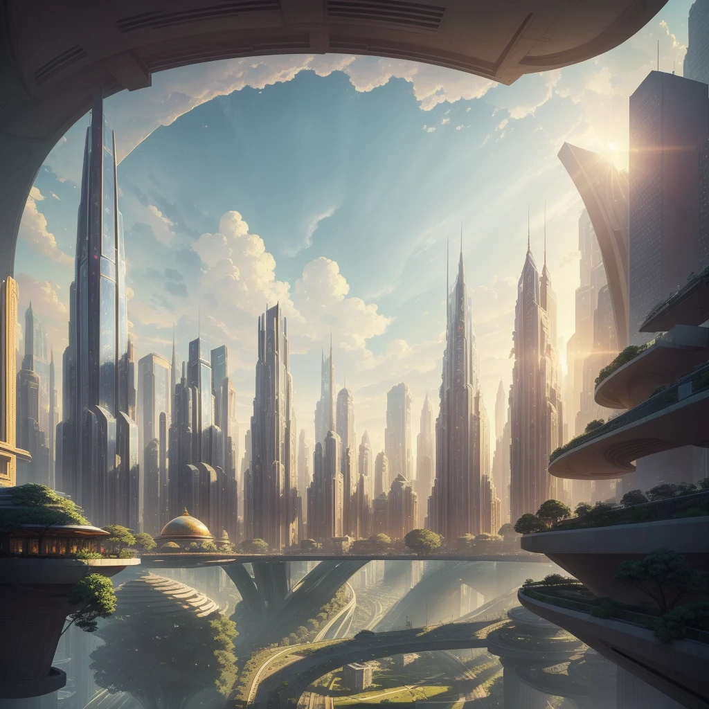 A photorealistic scene featuring a futuristic city with a massive, transparent dome encapsulating lush greenery and advanced architecture. The cityscape is a blend of sleek skyscrapers, interconnected by elevated roads and bridges. The dome stands out with its reflective surface, capturing the sunlight and the surrounding urban environment. ((High details:1.5)), ((best quality:1.6)), ((masterpiece:1.6)). BREAK

**City Details:**

- **Appearance:** The city is a marvel of futuristic engineering, with tall, sleek buildings and a massive transparent dome. The architecture combines elements of nature and technology, showcasing a harmonious blend of green spaces and advanced structures.
- **Dome:** The transparent dome is a focal point, encapsulating lush greenery and sophisticated architectural elements. The dome's surface reflects the sunlight, creating a dazzling effect.
- **Roads and Bridges:** Elevated roads and bridges connect various parts of the city, adding a dynamic and interconnected feel.

**Setting:**

- **Background:** A sprawling futuristic city with tall skyscrapers and advanced infrastructure. The surrounding landscape features mountains and clouds, adding depth to the scene.
- **Atmosphere:** The ambiance is vibrant and bustling, with a sense of technological advancement and environmental harmony. The sunlight illuminates the city, creating a bright and optimistic atmosphere.

**Background Elements:**

- **Skyscrapers:** Tall, sleek buildings with reflective surfaces, showcasing the city's advanced architecture.
- **Greenery:** Lush green spaces within and around the dome, emphasizing the city's commitment to environmental sustainability.
- **Mountains and Clouds:** Distant mountains and clouds add depth and a sense of grandeur to the scene.

**Artistic Inspiration:**

- **Syd Mead:** For futuristic and imaginative design aesthetics.
- **Jean "Moebius" Giraud:** For creating otherworldly and contemplative scenes.
- **James Gurney:** For blending realism