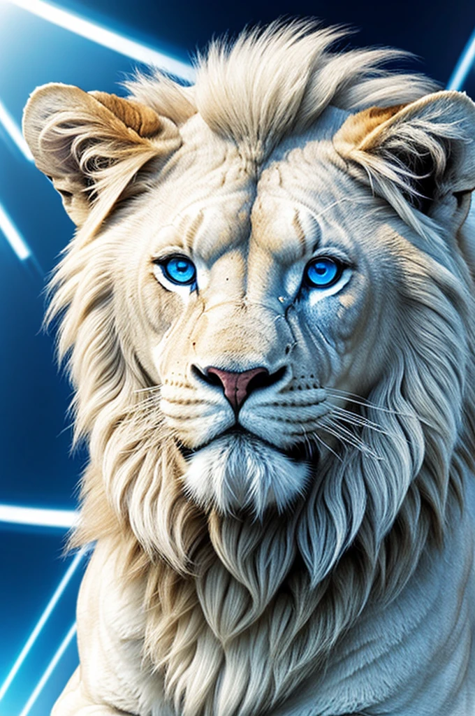 Cyber white lion with blue eyes.