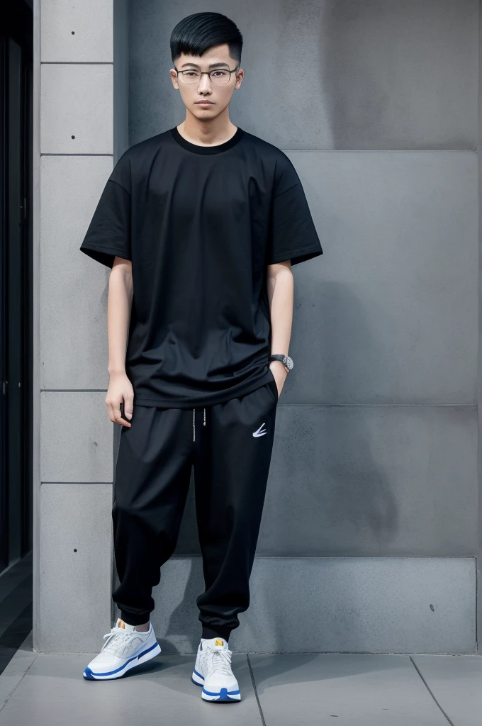 21 year old Beijing boy, he is wearing a oversize xxl blue plain t-shirt, he is wearing black trousers, he is wearing sneakers, he is wearing glasses, city, full body,  he is buzz cut Hair, foot, walking 