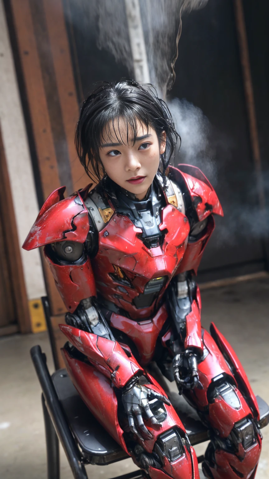 Rough skin, Very detailed, Advanced Details, high quality, 最high quality, High resolution, 1080P 、、Red Armor、Wearing red and black、cute((During a break))(Wearing a damaged female robot suit...)(Red Armor)(Broken Armor)Black Hair、、Soaking wet、Transformers、、Sweaty face、Beautiful Face、cute、knock down、よだれing from the mouth、Elementary school girl (Steam coming out of the face) ((Steam from the body)) Sit on a chair Filming location I can see the vagina Open the crotch to the front Look up
