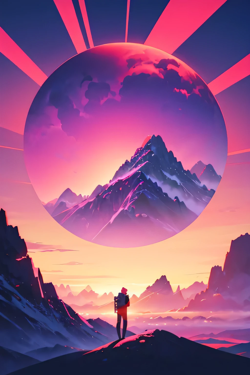 A synthwave album cover with mountains in the distance