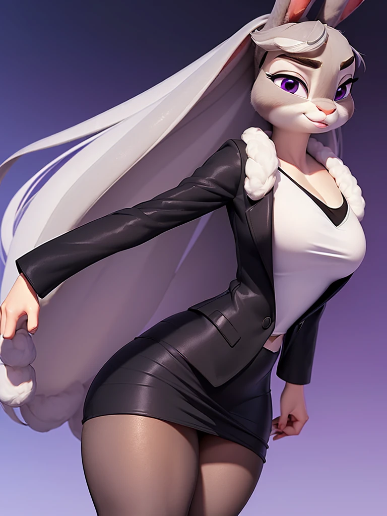 best quality,
masterpiece,
super detail,
3D,
Portrait,
(Face is JudyHopps:1.4),
((long straight hair)),
(see-through bangs:1.3),
bright purple eyes,
(arched eyebrows:1.2),
(uplift eyebrows:1.1),
(rabbit ears:1.1),
Body covered with rabbit fur,
(body is gray with fluffy and fluffy:1.3),
(skin is wool fabric with fluffy and fluffy:1.3),
office lady is wearing suit,
beige tights,
((White blouse)),
((Black blazer)),
((Black skirt)),
clothes made of cotton,
(solo:1.5),
(1 lady:1.5),
one character only
