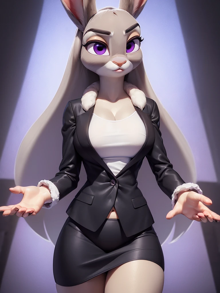 best quality,
masterpiece,
super detail,
3D,
Portrait,
(Face is JudyHopps:1.4),
((long straight hair)),
(see-through bangs:1.3),
bright purple eyes,
(arched eyebrows:1.2),
(uplift eyebrows:1.1),
(rabbit ears:1.1),
Body covered with rabbit fur,
(body is gray with fluffy and fluffy:1.3),
(skin is wool fabric with fluffy and fluffy:1.3),
office lady is wearing suit,
beige tights,
((White blouse)),
((Black blazer)),
((Black skirt)),
clothes made of cotton,
(solo:1.5),
(1 lady:1.5),
one character only