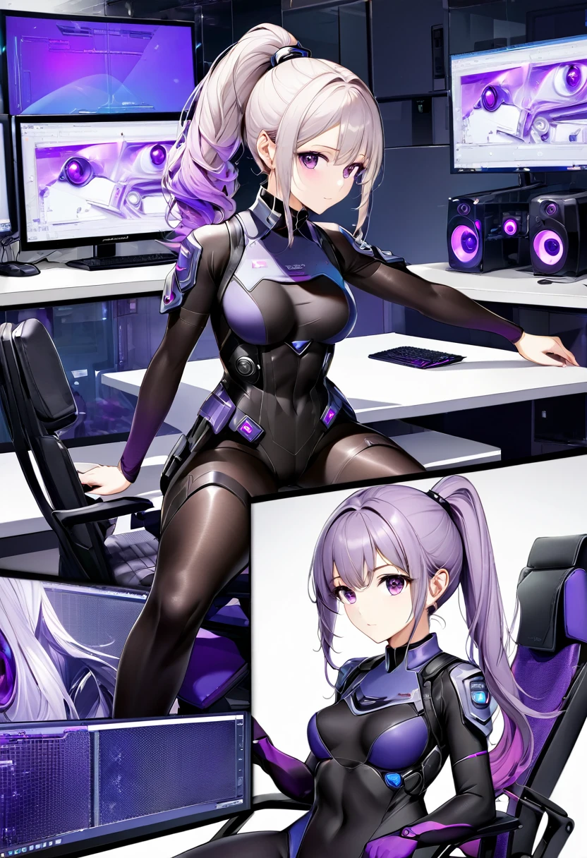 25 year old woman, best quality, super fine, 16k, incredibly absurdres, extremely detailed, delicate and dynamic, (purple eyes), (ponytail with gradient from white to purple at the ends), background analyzer room lab, various image effects, bodysuit, soldier, medium breasts, sitting, gamer chair