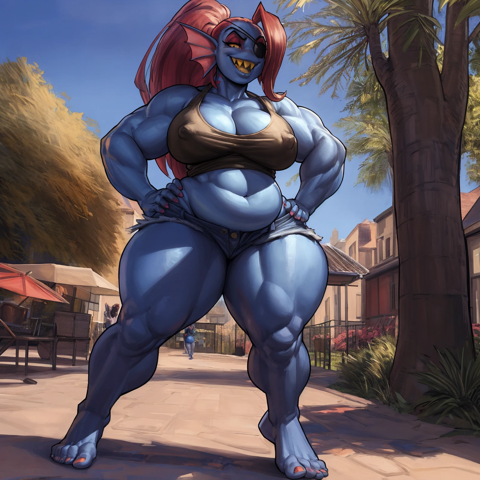 by darkgem, by duase, by boosterpang, by kevinsano, by zaush, solo, 1girl, undyne, blue skin, red hair, huge teeth, yellow teeth, laughing, black eye patch, female, older woman, smooth body, chubby, broad shoulders, wide body, wide hips, thick thighs, big arms, heavy breasts, nipple outline, highly detailed eye, milf, tank top, (bare midriff:1.3), cleavage, large areolae, denim cutoffs, visible thong straps, bare feet, Masterpiece, best quality, absurd res, highly detailed, cleanly drawn eyes, park environment, standing upright, big bottom lip, black lipstick, casual posture, hands on hips,