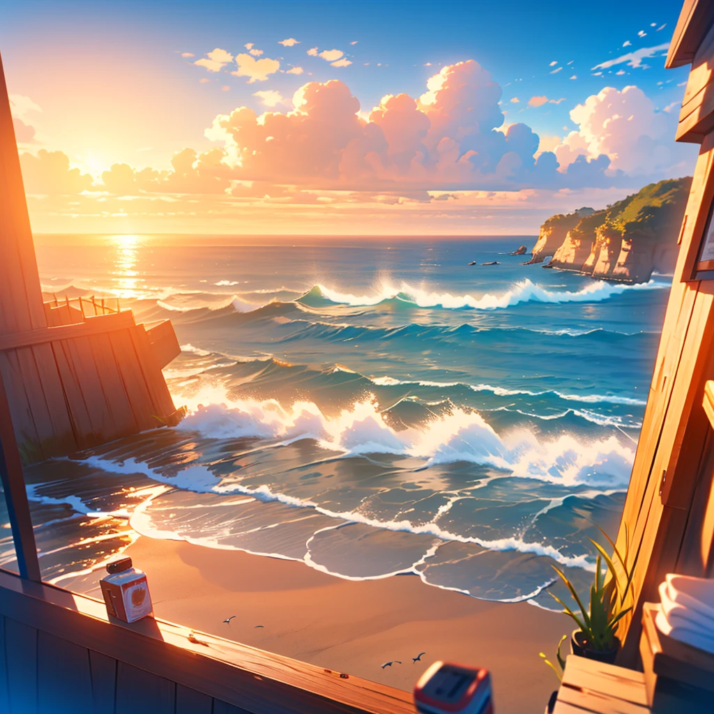 General store, ocean in front of the store, beautiful and charming summer sun and sea, with realistic animation of vivid colors (deep contrast of light and dark), a masterpiece of the highest quality, soothing scenery in 8K picture quality.