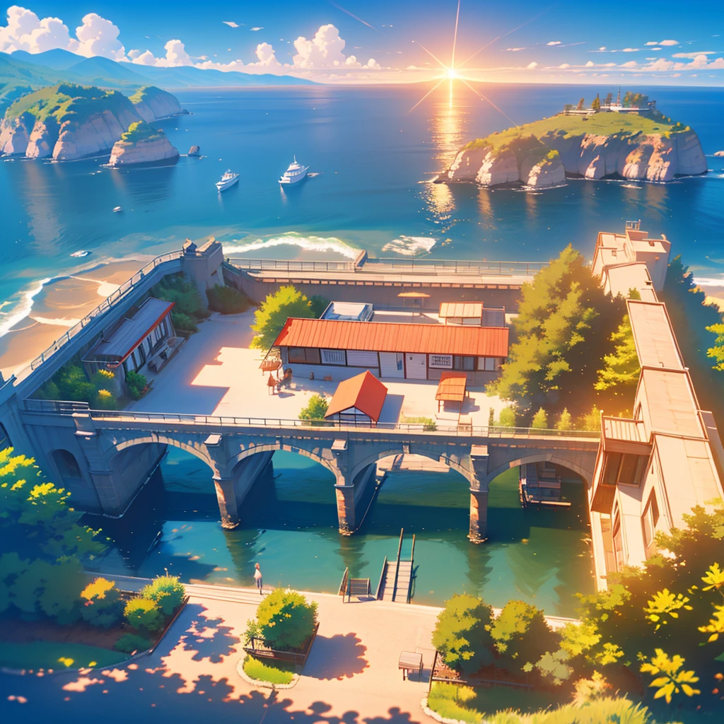 General store, ocean in front of the store, beautiful and charming summer sun and sea, with realistic animation of vivid colors (deep contrast of light and dark), a masterpiece of the highest quality, soothing scenery in 8K picture quality.