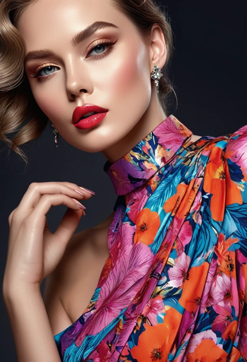 Highest quality,High resolution,Fashion Illustration,Elegant Model,Beautiful attention to detail,Lips and facial details,Mode Glamour,Line laying,Bright colors,Elegant Dresses,Beautiful accessories,Professional Studio Lighting,Ultrafine particle coating,Realistic texture,An artistic journey