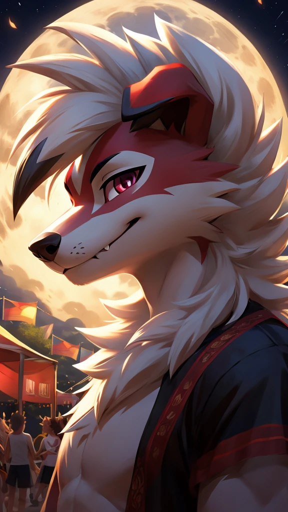 midnight Lycanroc, summer, festival, full moon, subtle smile, bust shot