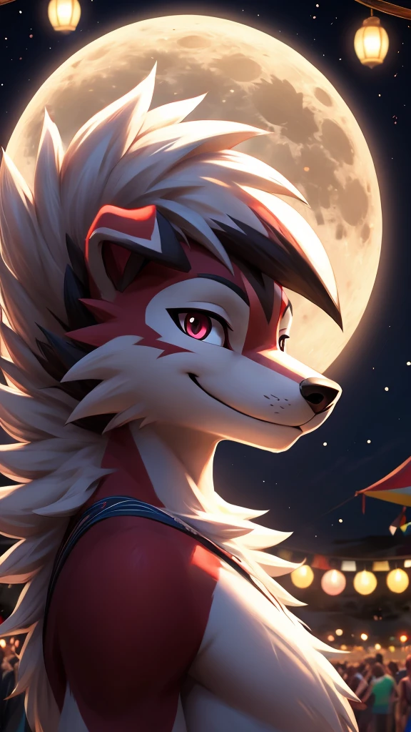 midnight Lycanroc, summer, festival, full moon, subtle smile, bust shot