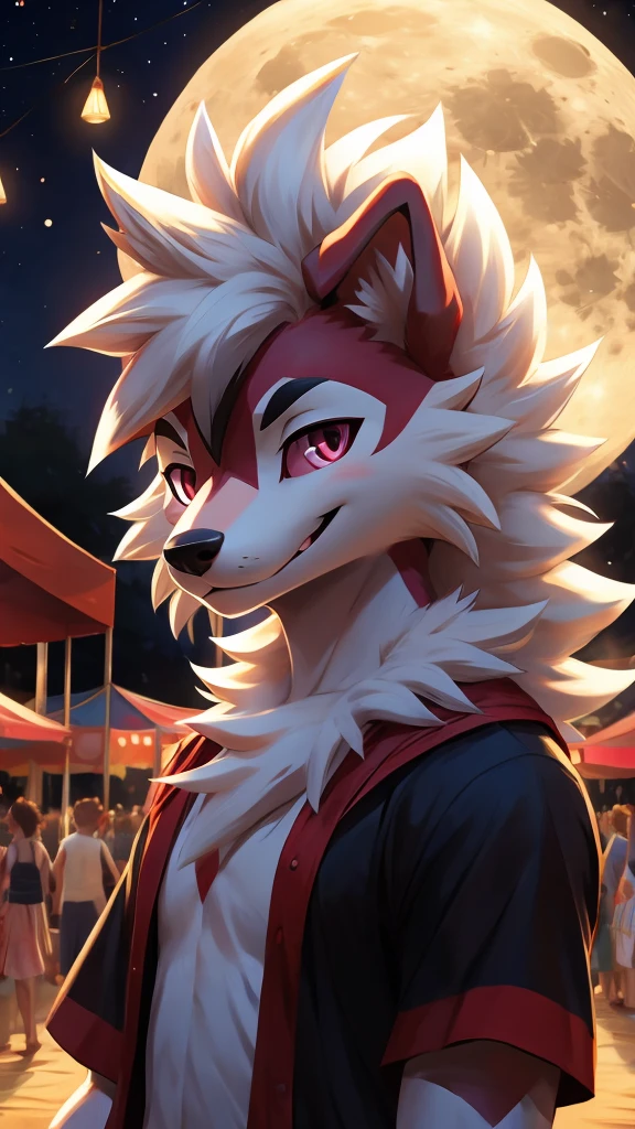 midnight Lycanroc, summer, festival, full moon, subtle smile, bust shot