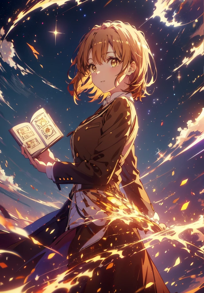 Irohaisshiki, isshiki iroha, Short Hair, Brown Hair, (Brown eyes:1.5), smile,((Night Sky)),((Big full moon)),((Sparkling and colorful stars)),Fluffy hair,((Idol style costume with soft volume)),Long skirt,Holding a magic book in his right hand,Uses magic with left hand,((witch)),Rubik&#39;s Square,
break outdoors, forest,forest
break looking at viewer,Upper Body,
break (masterpiece:1.2), Highest quality, High resolution, unity 8k wallpaper, (shape:0.8), (Narrow and beautiful eyes:1.6), Highly detailed face, Perfect lighting, Highly detailed CG, (Perfect hands, Perfect Anatomy),