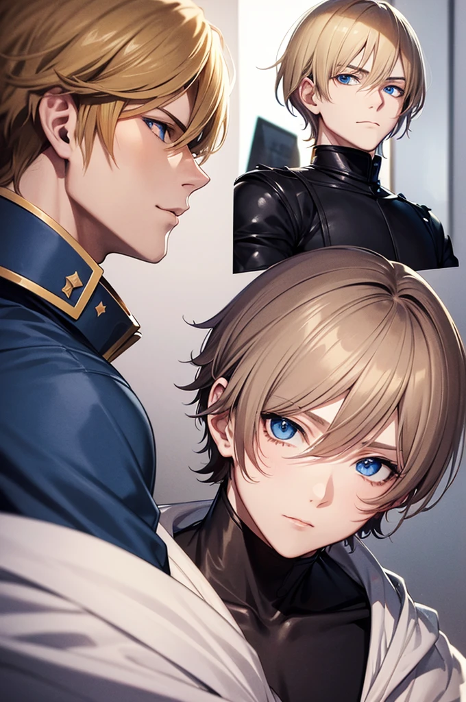 create a cover image about a man in anime style, dark blonde hair color, short hair, blue eyes, knight&#39;s armor and a great sword wielded with both hands, tired expression while smiling, riding a white dragon.