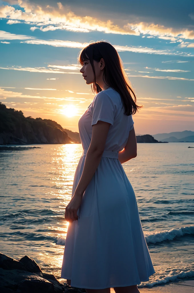 Vivid sunrise over the calm sea, Double exposure, female profile, Contrast between bright sky and deep blue sea illuminated by the golden light of the sun
