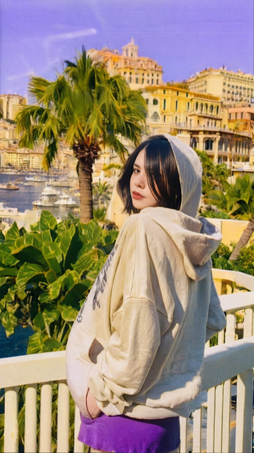 ((long shot photography)) ((best quality)), ((masterpiece)), (detailed),upper body,close-up, 8k, RAW photo,1 girl,real polaroid photo, beautiful, ultra-realistic,detail face ,light leak,dark intens shadow ,(black pixie hairstyles), almond eye, no makeup, (((blank orange oversized_hoodie))), (purple color tenis skirt),the scene takes in front on a balcony overlooking the luxurious harbor of Monte Carlo with yachts docked against a backdrop of the iconic Casino de Monte-Carlo, (very detailed:1.1),(from below:1.2), (realistic:1.1), (surreal:1.2),palm trees,sunny,summer, blue sky