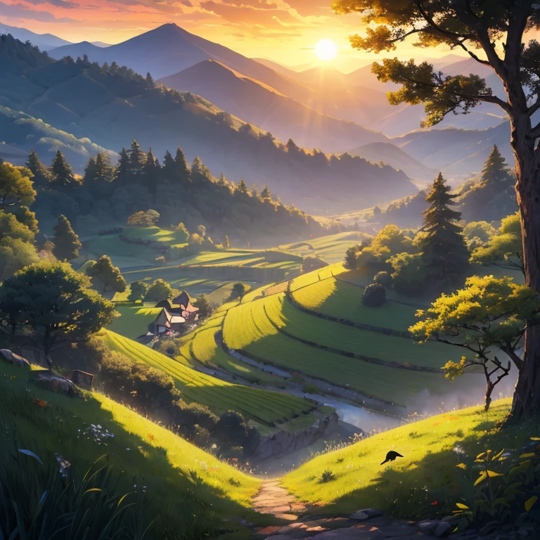 (best quality,8k,highres, masterpiece:1.2), (anime style),ultra-detailed, HDR, UHD, ultra-fine painting, sharp focus, physically-based rendering, extreme detail description, professional, vivid colors, concept artists, warm color palette, dramatic lighting,Sunrise, countryside with terraced fields in Japan, birds perched on the trees in the distant forest, (no humans),