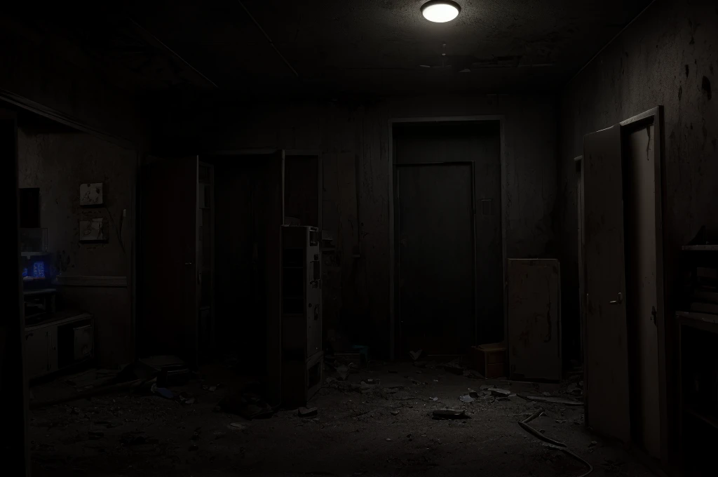 please draw an abandoned, nighttime setting. a security room with 8 monitors/TV's, a door opening (without door) on the left and another on the right. Some old stuffed animals lying around and no person in the scene. too dark. camera look to monitors