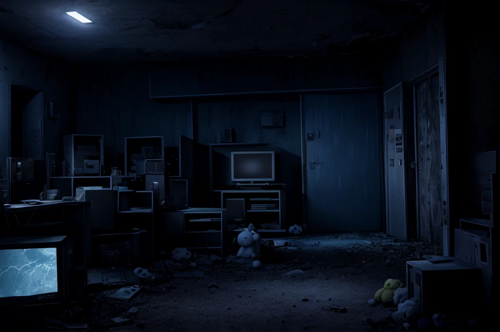 please draw an abandoned, nighttime setting. a security room with 8 monitors/TV's, a door opening (without door) on the left and another on the right. Some old stuffed animals lying around and no person in the scene. too dark. camera look to monitors
