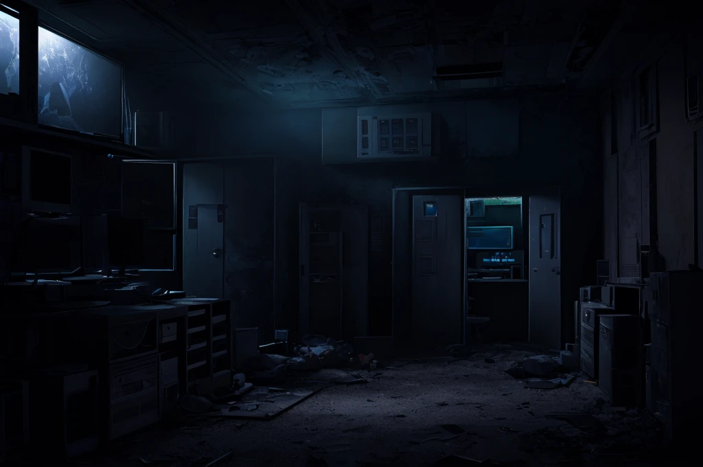 please draw an abandoned, nighttime setting. a security room with 8 monitors/TV's, a door opening (without door) on the left and another on the right. Some old stuffed animals lying around and no person in the scene. too dark. camera look to monitors