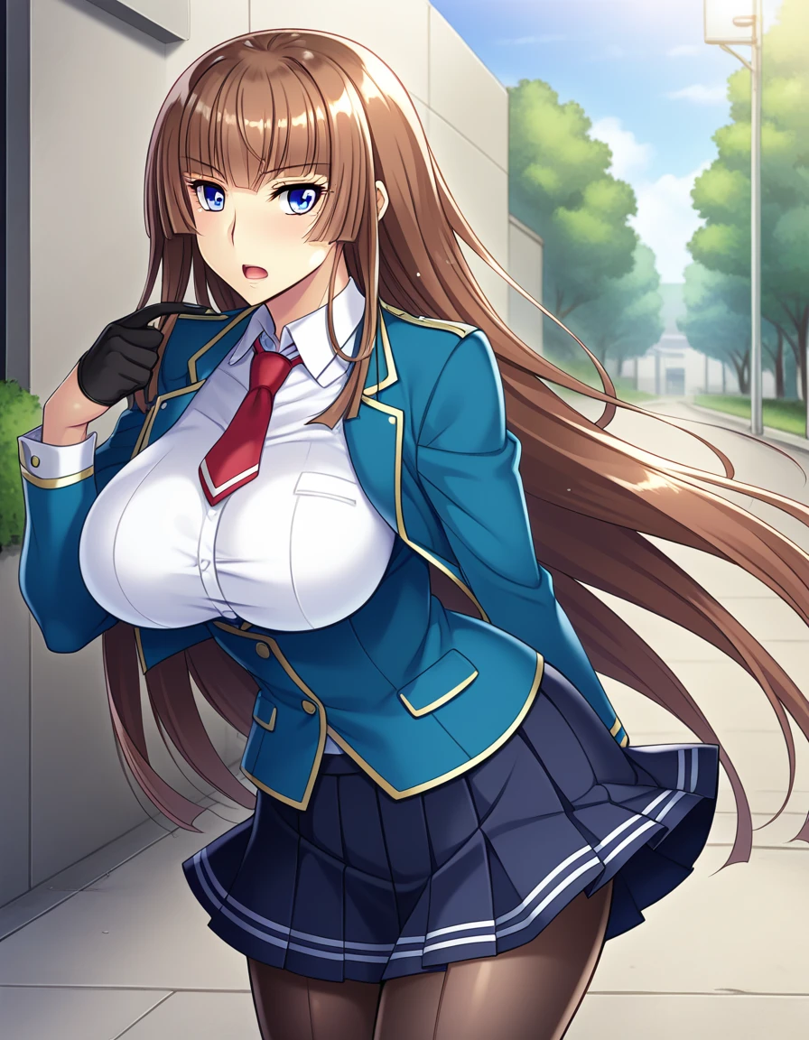 score_9, score_8_up, score_7_up, source_anime, game cg, beautiful detailed eyes, aoi_nagisa_\(metalder\), BREAK solo, 1girl, koukawa asuka, brown hair, long hair, blue eyes, bangs, side bangs, (huge breasts:0.8), medium body, BREAK school_uniform, underbust blue open jacket, white collared blouse, red long necktie, black gloves, black pleated skirt, black pantyhose, BREAK expressionless, open mouth, outside, street, cowboy shot,