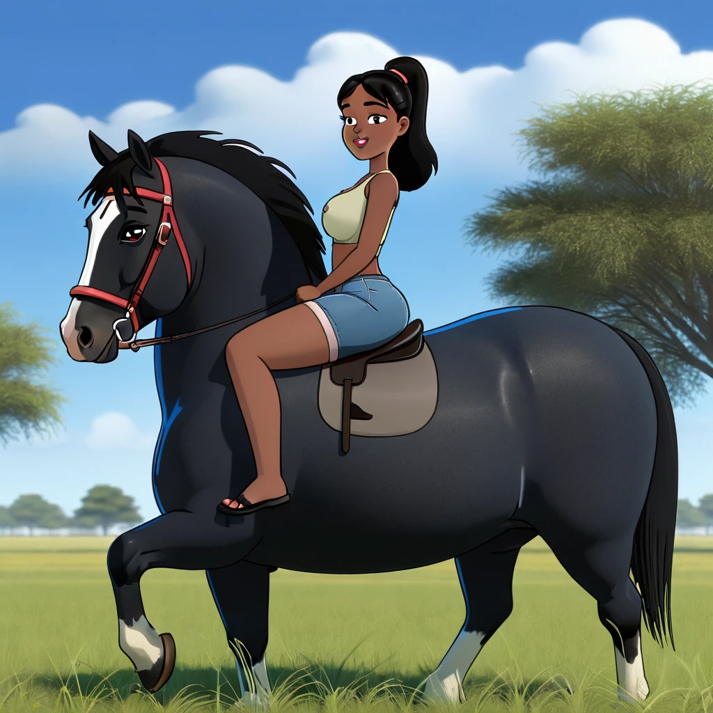 large African BBW woman (very full figured black skinned ) nude. complete side view. riding big Shire horse (stallion). fat bum. flat grass. cloudless blue sky., black hair, short ponytail, dilated pupils, smelling, open mouth, high detail, depth of field, UHD, masterpiece, anatomically correct, accurate, super detail, highres, 16k meadow. cloudless blue sky.