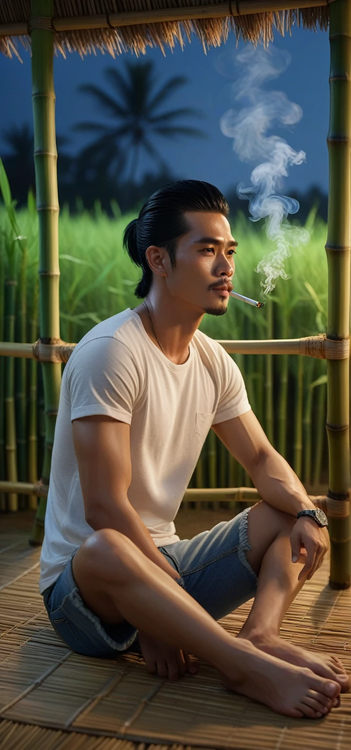long shot of a indonesian handsome man with an ideal body, black hair in a ponytail, wearing a t-shirt, levis shorts, slippers, sitting back in a bamboo house in the middle of a rice field while smoking, gaze at the camera, night view, soft bokeh on the foreground, hd, 8k, ultra realism, ultra details, hyperrealistic, masterpiece