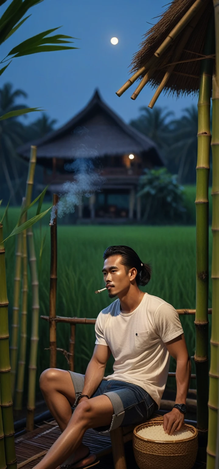 long shot of a indonesian handsome man with an ideal body, black hair in a ponytail, wearing a t-shirt, levis shorts, slippers, sitting back in a bamboo house in the middle of a rice field while smoking, gaze at the camera, night view, soft bokeh on the foreground, hd, 8k, ultra realism, ultra details, hyperrealistic, masterpiece