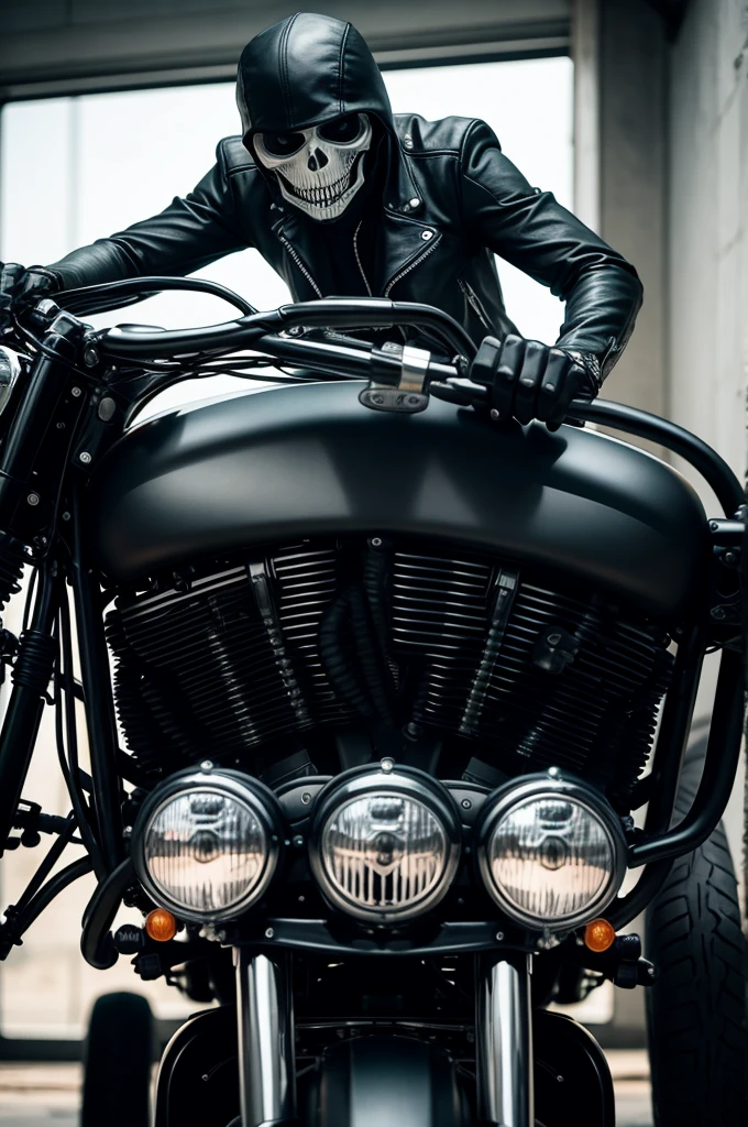 A biker in a terrifying skeletal mask riding a black Harley Davidson 883