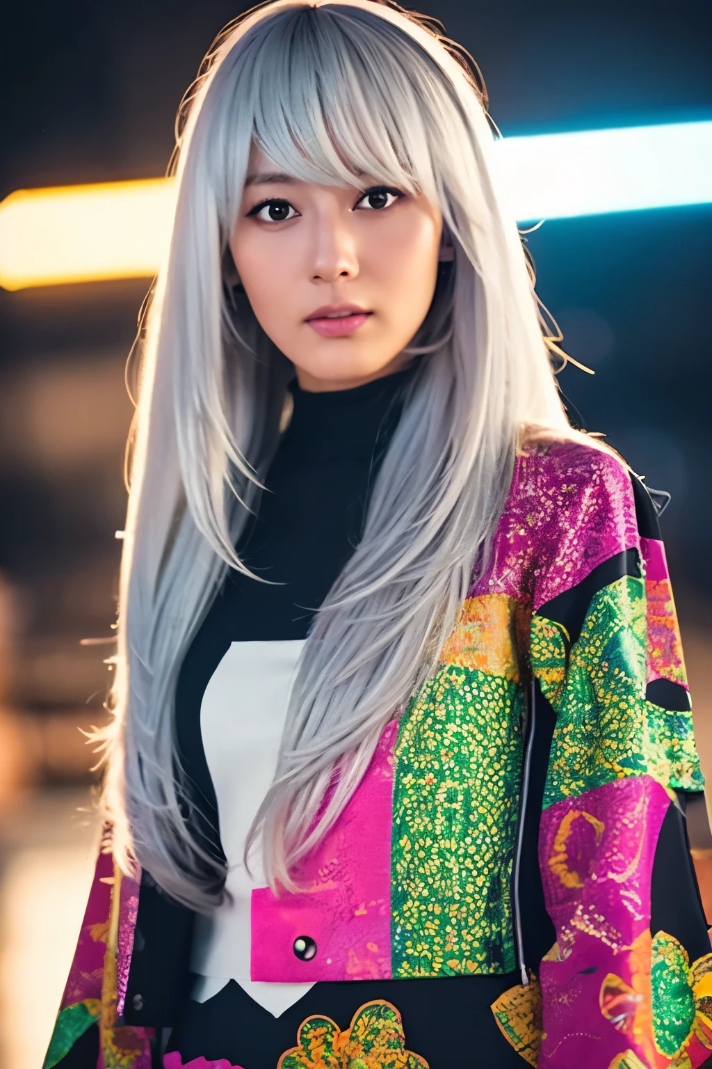 Masterpiece, high quality, high resolution, 8K, (solo:1.2), ((1girl)), Japanese woman, detailed face, detailed eyes, correct body structure, upper body, ((White hair:1.2)), very long hair, messy hair, slender body, seductive silhouette, luminous bones, depth of field, dark photo at nighttime, dimly lit, bangs, Cinematic Lighting, Tyndall effect, abstract background, futuristic outfits, vibrant colors, modern style, wide sleeves, artistic, unique patterns, colorful, stylish, trendy