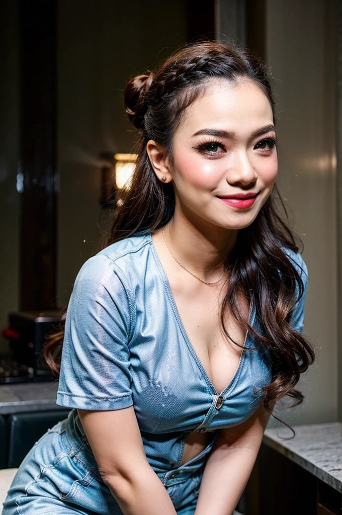MOTHERFUCKER, ((GREEN FLUORESCENT LIGHTENING)), ((STYLISH BUN HAIR)), realisitic、(top-quality), matured malay women、Realistic 20 year old dark skin malay face girl, dark skin、wife, mother, (((beautiful nipple)))、Cleavage is fully exposed、Erotic panties、kitchen、messy kitchen, ((Sex in cowgirl position))、((Colossal tits:1.4)) 、((Very small face))、all-fours,Professional bright lighting、Leans forward heavily、Face kissing、erotick、((Chibi girl in ))、Pale blue loose blouse、gym shorts, ((seduce face)), smile