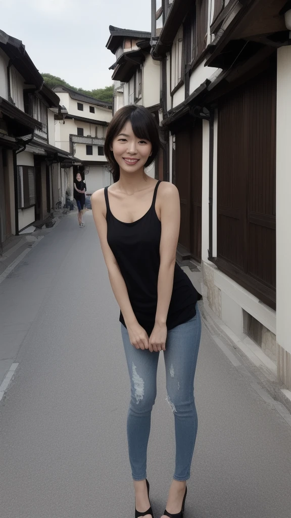 ((Highest quality)), ((8K)), ((masterpiece:1.3)), (Perfect look), (Illustration: 1.6), (PT, TI, JMA), (Walking woman), (A Japanese woman walking through an old town), (A wide street), (Japanese houses line both sides of the road), Blurred Background, ((Realistic skin texture)), (Fine wrinkles appear all over the skin), (Dull skin), (Unmoisturized skin) , (Facial wrinkles), (Wrinkles around the eyes), double eyelid, Lower eyelid tear trough, The eyes are looking here, Smiling with a gentle gaze, (Dimples), Red lips, (Mushroom cut), Laugh with the corners of your mouth turned up, Soft fabric tank top, Slim jeans, High heels, Hair blowing in the wind, (Small breasts), (Small breasts), (Flat Chest: 1.2), (Standing posture, Full body portrait),